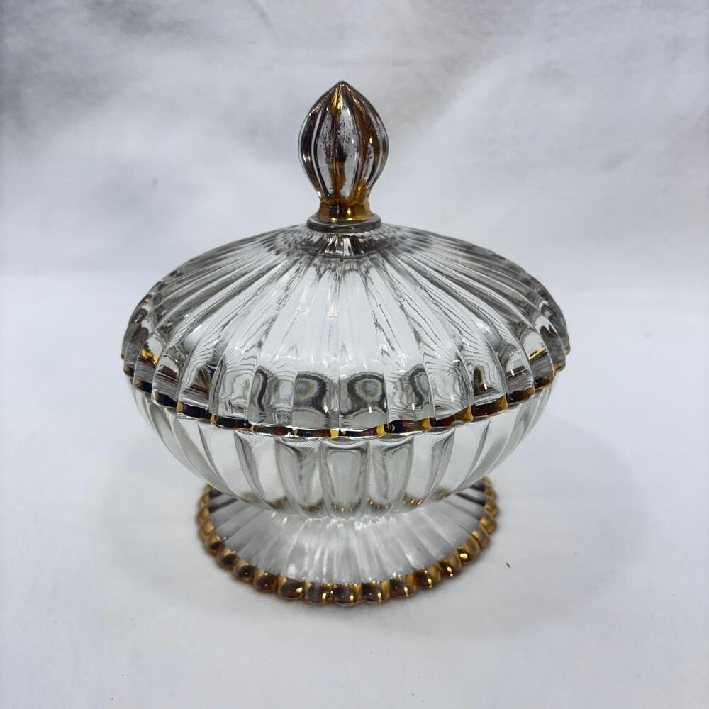 Vintage Crystal Glass Candy Dish with Gold Trim Ribbed Lid and Pedestal Base